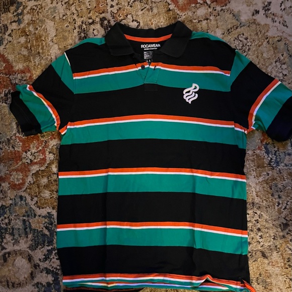 Rocawear Men's Polo with Black, Green, and Orange Stripes - Picture 1 of 3